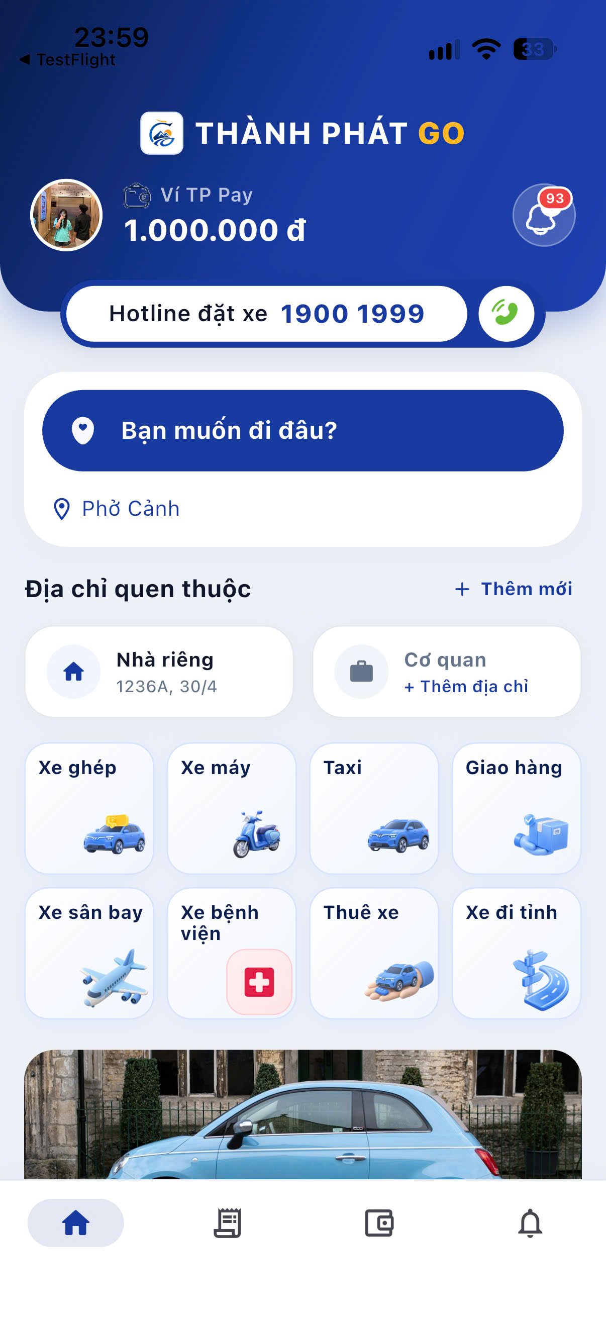 Giao diện ứng dụng di động Thành Phát Go